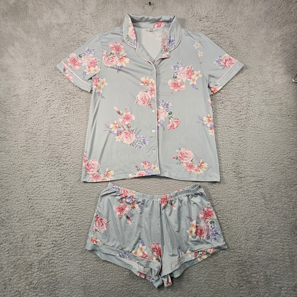 Flora Nikrooz Floral Pajama Set Women M Blue Cottagecore Lounge Pastel Sleepwear - Picture 2 of 16